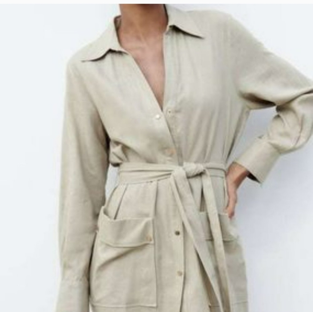 NWT. Zara Midi Linen Blend Dress Pockets long sleeve Sz S - Picture 2 of 9